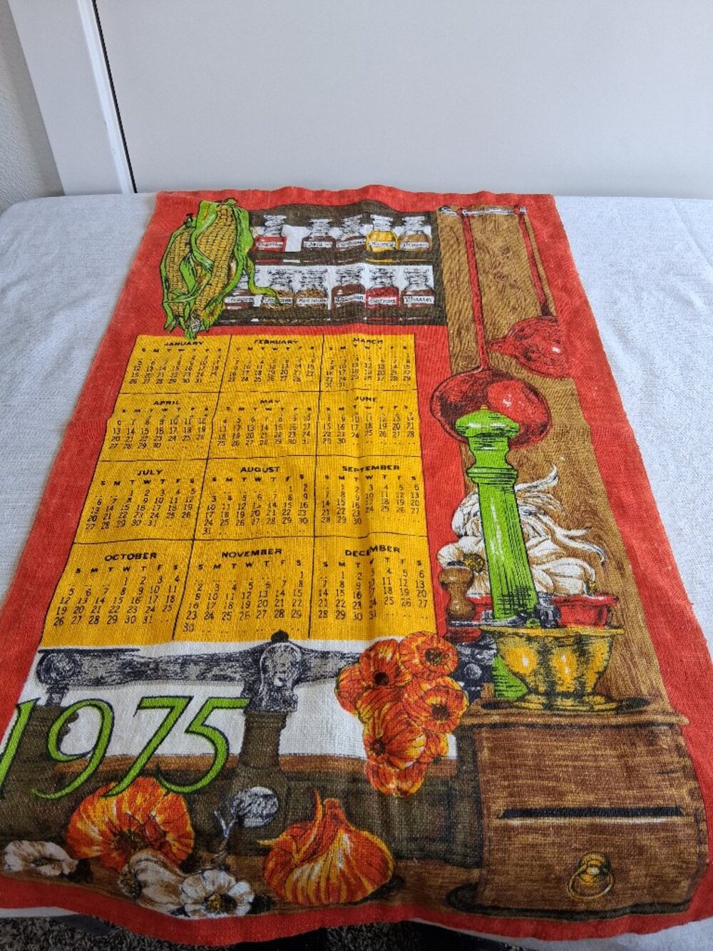 MCM Vintage Linen Calendar Tea Towel 1975 Orange Kitchen Spices Corn Garlic